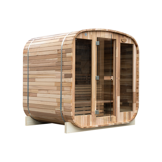 Wooden sauna with glass doors on a white background