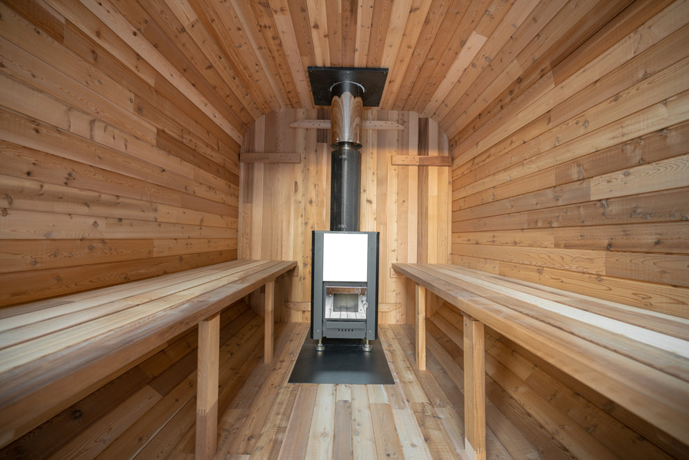 interior wood inside sauna plans and seating area showed
