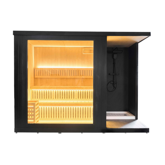 Infrared sauna with wooden interior and black exterior on a white background