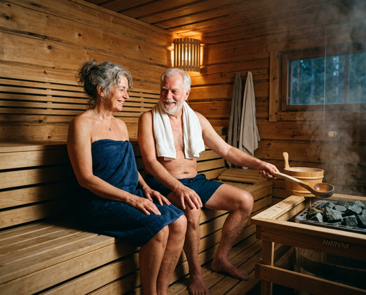 Older couple relaxing together in a traditional Finnish sauna — illustrating the long-term brain and cardiovascular health benefits of regular sauna use shown in the KIHD study