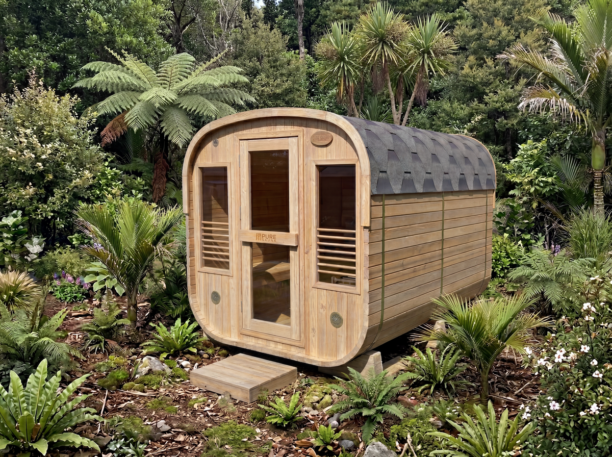 The Maire 8 person Finnish outdoor sauna, built from 38mm thermally modified Nordic pine with a Harvia heater, from Pure Sweat Sauna NZ