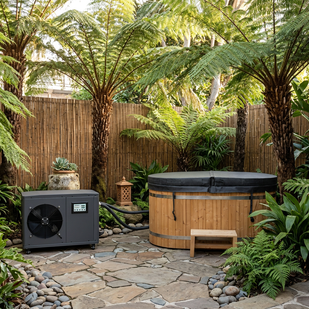 Wooden hot tub in a lush garden setting with air conditioning unit nearby