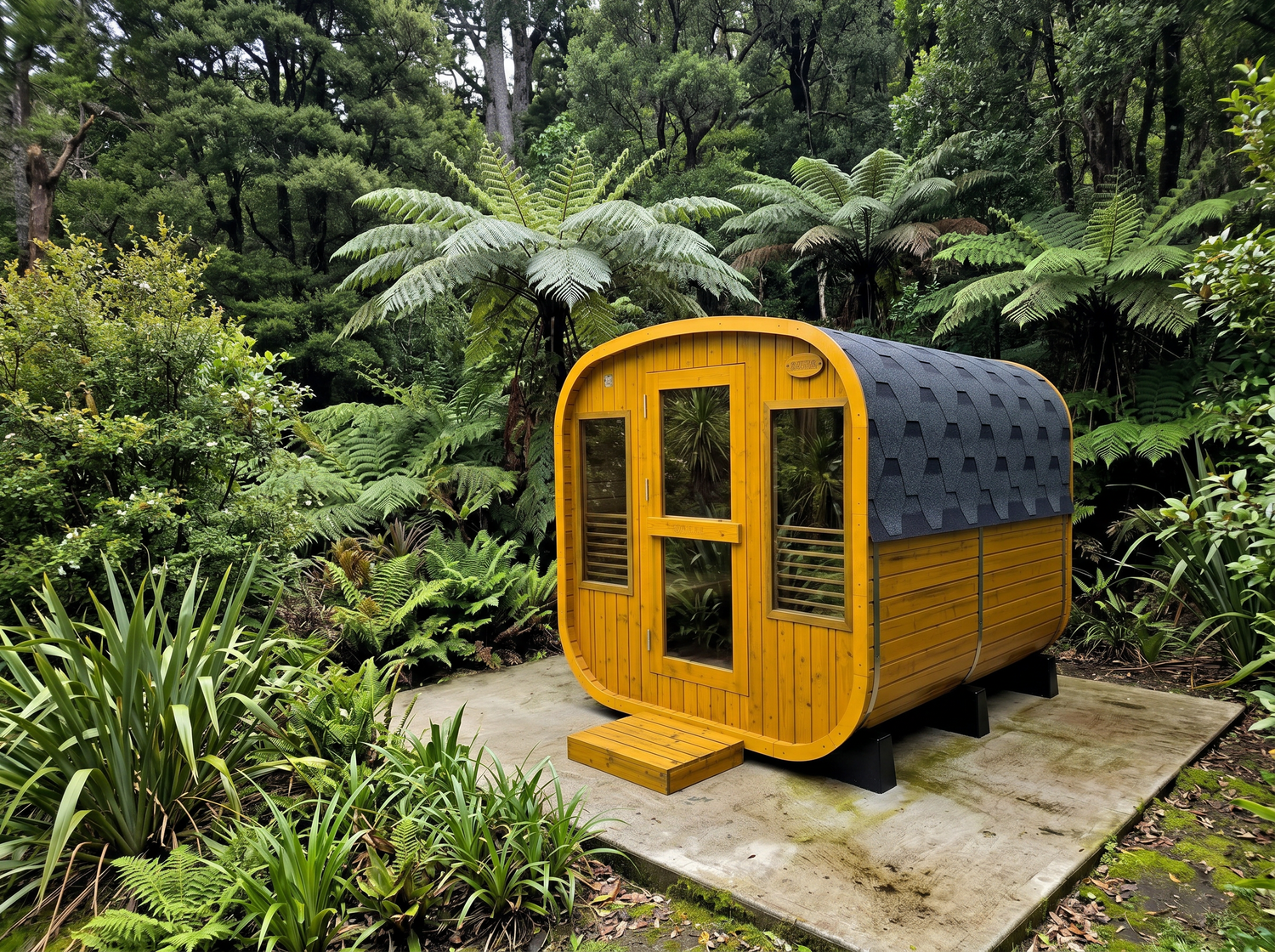 Yellow and gray cabin in a forest setting