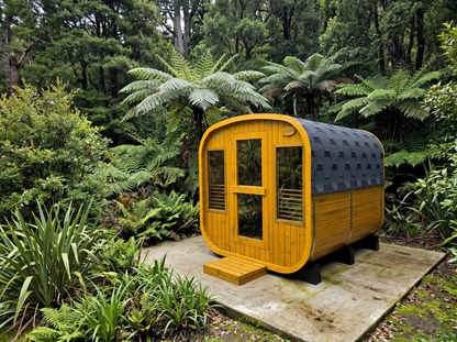 Yellow and gray cabin in a forest setting