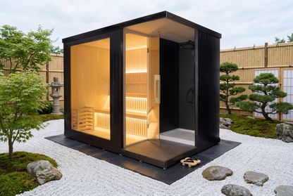 Modern outdoor piia sauna with warm interior lighting in a garden setting.