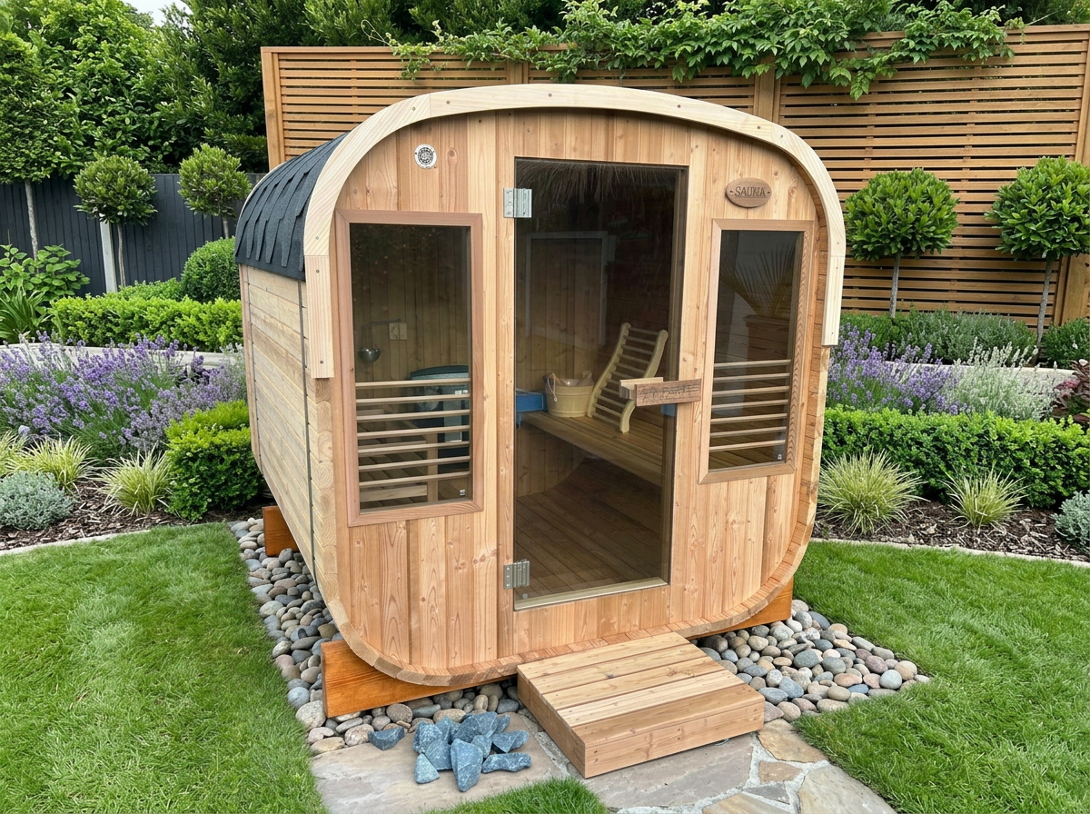 Wooden outdoor sauna in a garden setting with greenery and a wooden fence.
