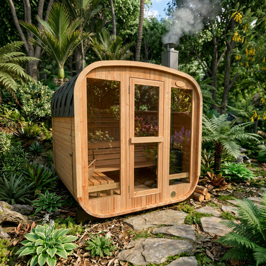 The Anu Wood Sauna with split-level seating and wood-fired heater