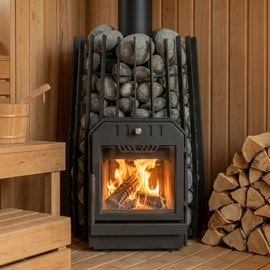Close-up of the Anu Wood Sauna heater and stones