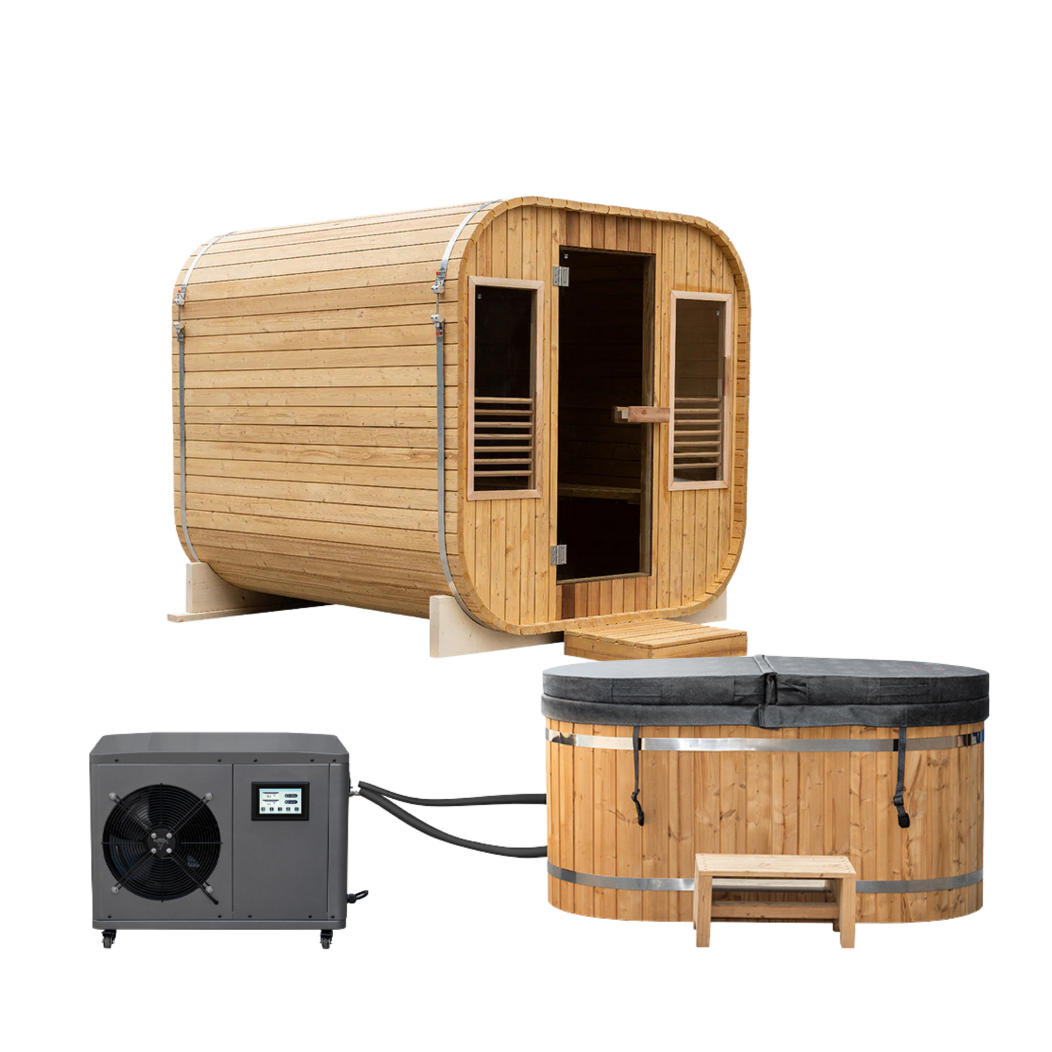 Wooden outdoor sauna with hot tub and pump on a white background bundle niko
